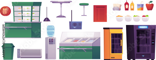 Cafe and restaurant interior collection vector flat icon set, counter and showcase display, dishes assortment, furniture