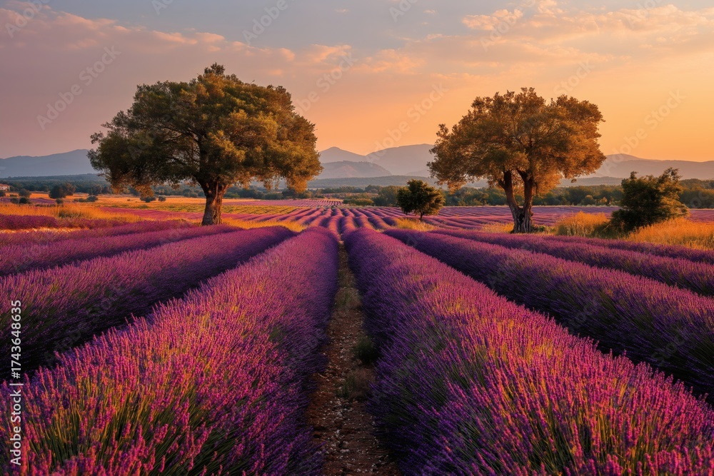 Obraz premium Lavender field at sunset with trees in Provence, landscape photography