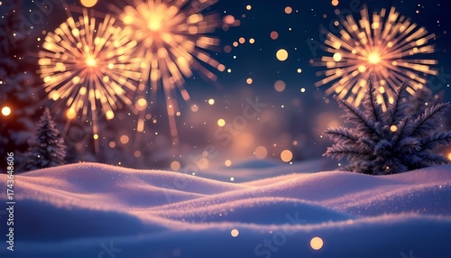 Winter Night Snow with Fireworks Display