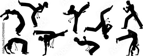 Young people doing capoeira acrobatic exercise, Brazilian Capoeira dance and fight sport flat characters vector set