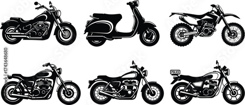 Black silhouette vector illustration, cruiser motorcycle, scooter, dirt bike, sport touring motorcycle, classic motorbike, transport vehicle, riding clipart, two wheeler, line art