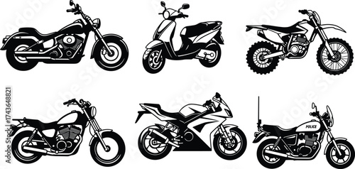 Black silhouette vector illustration, cruiser motorcycle, scooter, dirt bike, sportbike, standard motorcycle, motorbike transport, riding clipart, two wheeler, line art