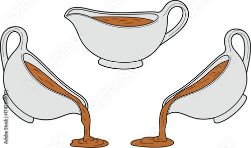 Stock illustration of gravy boats pouring brown gravy sauce aditable