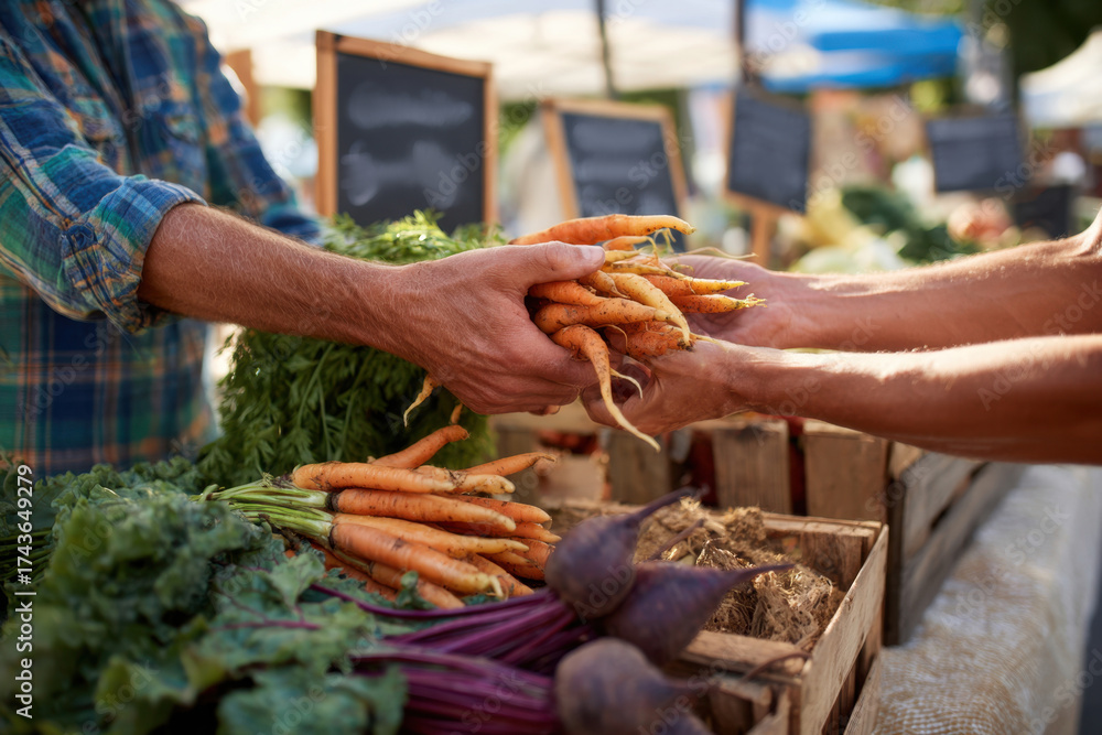 Fototapeta premium Exchange of fresh carrots at farmers market