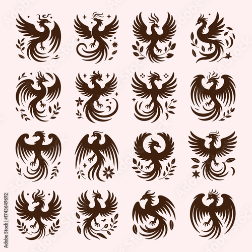 Collection of sixteen dark brown phoenix bird silhouette icons with floral and celestial accents on a pale pink background