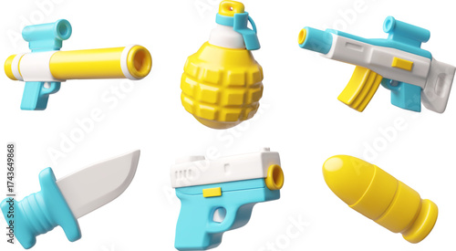 Set of 3D cartoon firearms, grenade, pistol, bullet, knife, rifle, yellow and blue.