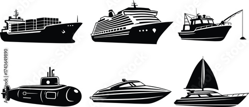 Black silhouette vector illustration, cargo ship, cruise ship, fishing boat, submarine, speedboat, sailboat, maritime vessel, sea transport, nautical clipart, line art