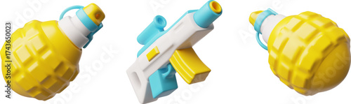Vector 3D set of combat weapons: rifle, grenade from different sides, yellow and blue colors.