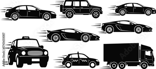 Black and white vector illustration, sedan, SUV, compact car, sports car, taxi, delivery truck, vehicle transport, motion speed, automotive clipart, line art
