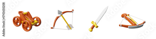 3d set of old medieval weapons, catapult, bow, sword, crossbow.