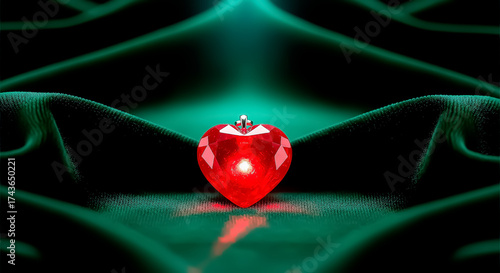 Shiny red heart floating on dark green velvet surface creating romantic luxurious and elegant contrast design