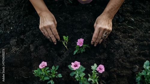 Person planting pink flowers in rich soil garden bed outdoors