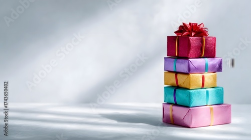 Stack of five colorful wrapped gift boxes with a red bow against a light background with soft shadows