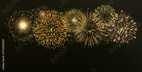 Golden fireworks explosion on dark night sky vector illustration