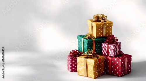 A vibrant stack of colorful gift boxes with polka dots and ribbons on a white background