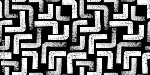 Abstract geometric seamless pattern with  chalk drawn shapes on black Repeated geometry brush strokes texture. Great for textile, fabric, wallpaper, wrapping, scrapbook and packaging
