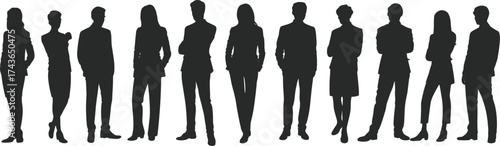 Business silhouettes standing in row, diverse professionals in formal attire, teamwork concept, corporate unity, HR recruitment, leadership, office culture, career success, collaboration