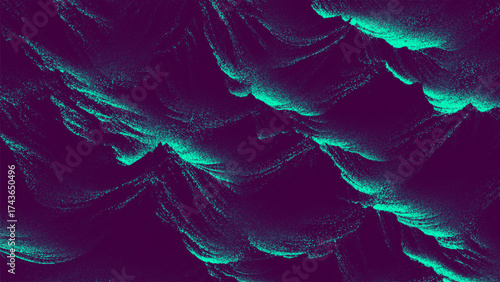Stippling style landscape with surreal shape of mountain ridges and waves in glowing turquoise shades. Alien terrains or dreamlike cliffs. Dotwork. Pointillism. Noisy grainy shading using dots. Vector