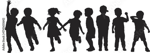 Silhouettes of playful children in motion, running, walking, raising hands, energetic group activity, childhood joy, outdoor fun, dynamic poses, happy kids, social interaction