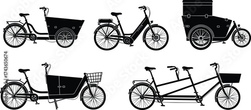 Black silhouette vector illustration, cargo bike, electric cargo bicycle, delivery tricycle, tandem cargo bike, Dutch cargo bicycle, eco transport, line art