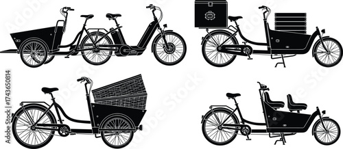 Black silhouette vector illustration, cargo bike, passenger cargo bicycle, delivery tricycle, family cargo bike, urban transport, eco mobility, cycling clipart, line art