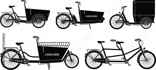 Black silhouette vector illustration, cargo bike, box bike, delivery tricycle, tandem cargo bicycle, urban transport, eco mobility, cycling clipart, line art