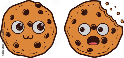 Cute chocolate chip cookies with expressive cartoon faces and one cookie with a bite taken out.