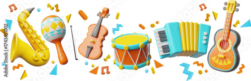 Acoustic guitar, violin, accordion, drum, maracas and saxophone, vector 3D realistic music instruments, music festival