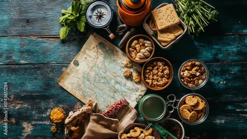 Outdoors adventure gear and food on a distressed wooden surface