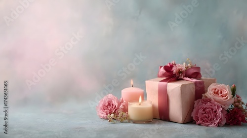 Gift box with pink roses and lit candles on a textured pastel background