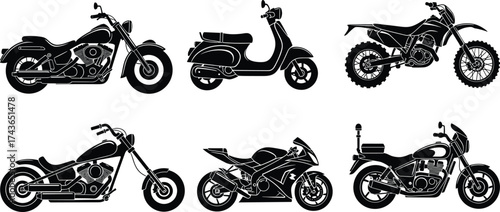 Black silhouette vector illustration, cruiser motorcycle, scooter, dirt bike, sportbike, retro motorcycle, standard bike, two-wheeler transport, line art