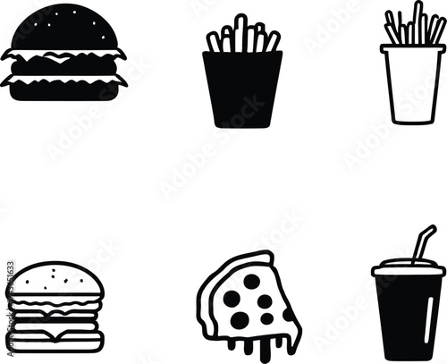 Fast food icons vector illustration burger fries pizza soda graphic design restaurant menu takeaway 100char