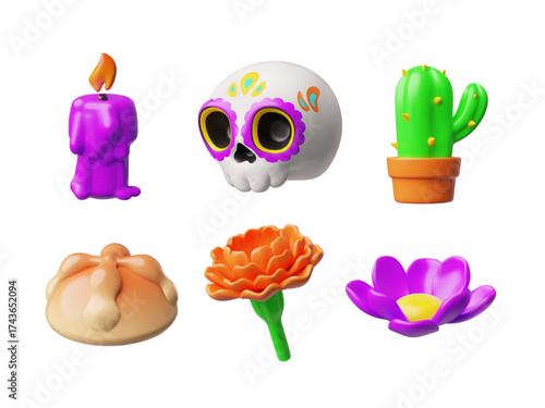 Mexican culture Dia de Los Muertos day symbols 3D vector icon set, Calavera painted sugar skull, candle, bread, marigold