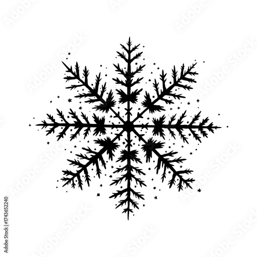 Intricate black snowflake silhouette with tiny star accents, hand-drawn graphic style on a clean white background, symbolizing winter elegance
