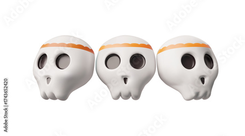 Calavera painted sugar skull 3D vector set, Mexican Dia de Los Muertos, cranium face mask view from different angles