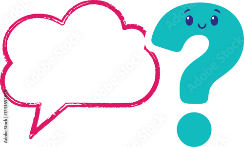 Curious thought bubble and smiling question mark expressing uncertainty and inquiry