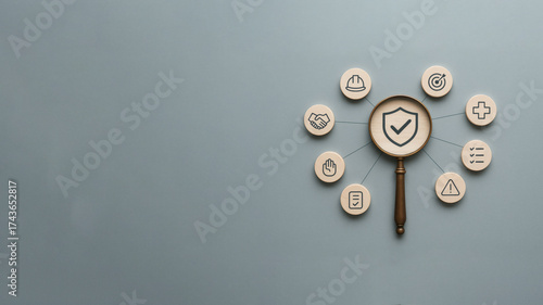 Magnifying glass with shield and checkmark symbol surrounded by various icons representing security and protection concepts