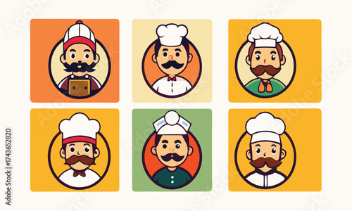 Six cartoon chefs showcase different caps, mustaches, and outfits within colorful bordered circular icons