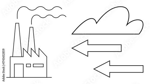 Industrial factory with chimneys emitting smoke, arrows indicating air movement, and a cloud. Ideal for pollution, climate change, energy, sustainability, environment, industry and impact visuals
