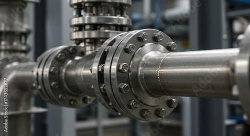 Closeup of a stainless steel pipe with flanges and bolts in an industrial setting