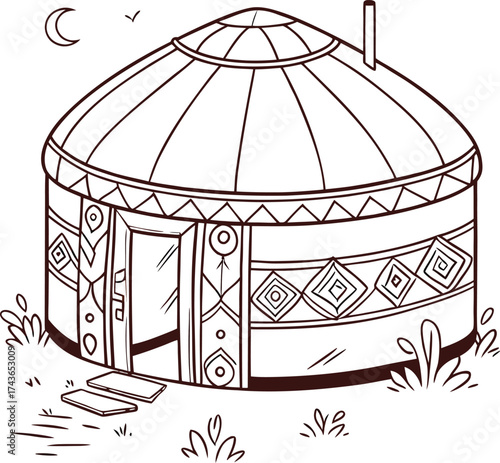 line drawing of traditional yurt with geometric patterns crescent moon bird and plants