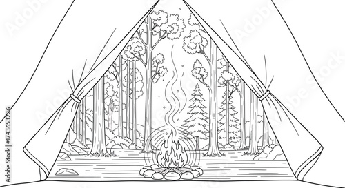 View from Tent with Campfire in Forest - Black and White Line Art Coloring Page