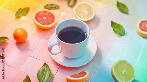 Coffee with citrus fruits on a bright, colorful tiled surface