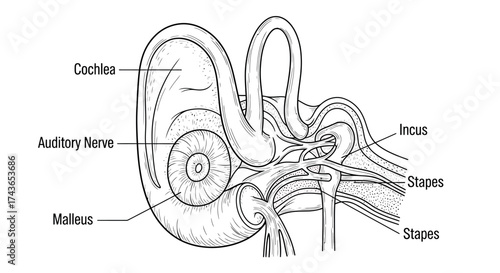 Labeled Human Inner Ear Anatomy Diagram - Cochlea, Auditory Nerve, Ossicles