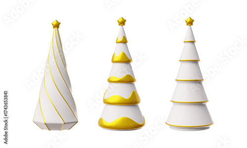 3D Christmas pine tree decorated with golden star and pattern vector set, Happy New Year symbol, white fir tree cone