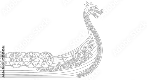 Detailed Viking Drakkar Longship with Dragon Head and Norse Knotwork Line Art Illustration