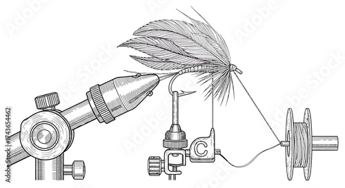 Detailed Vintage Style Fly Tying Setup Illustration
