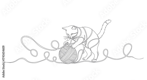 Minimalist Continuous Line Drawing of a Playful Kitten with Yarn