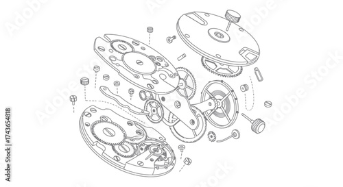 Precision Watch Movement Exploded View Line Art Illustration
