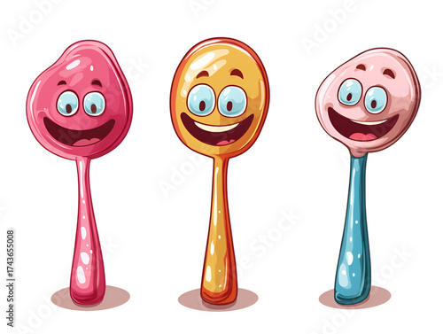 Colorful cartoon spoons with smiling faces, showcasing playful design and vibrant colors